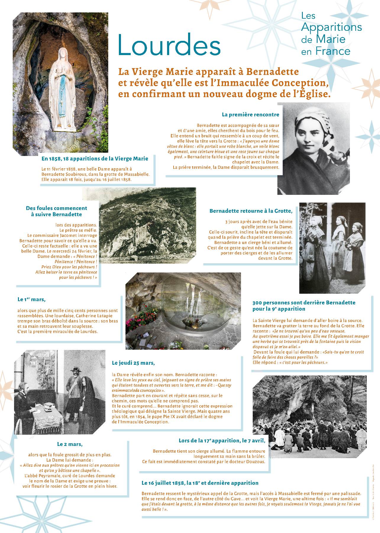 Nom de l'image : Apparitions-de-Marie-en-France_Serie-de-13-affiches_02 — Description :  Apparitions de Marie en France : 1. Lourdes (1858) 1/2